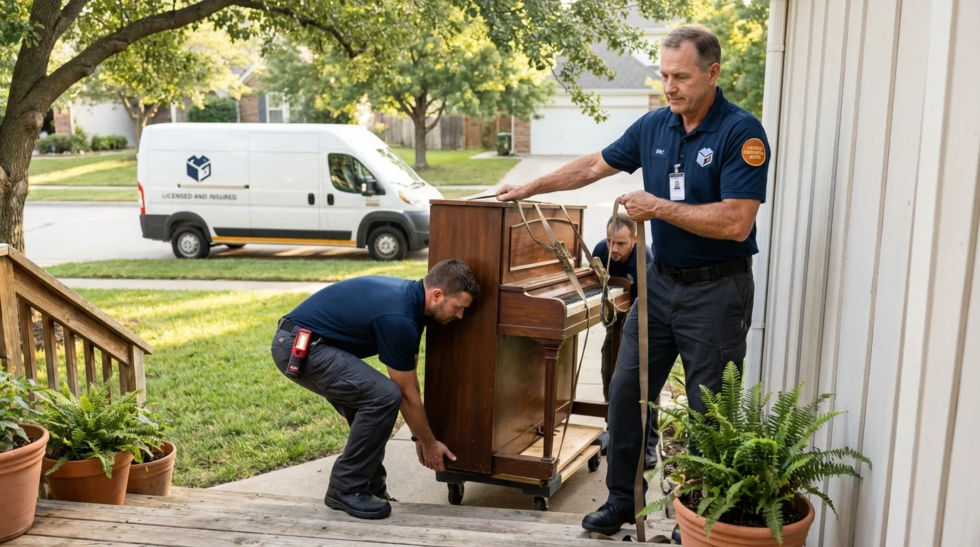 Licensed piano movers securing grand piano in Lihue, HI