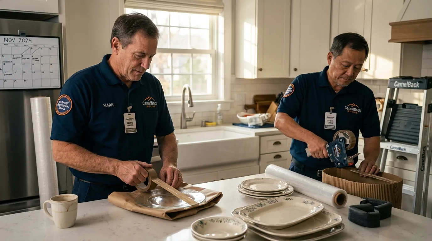 Professional crew packing kitchen dishware in Lihue, HI